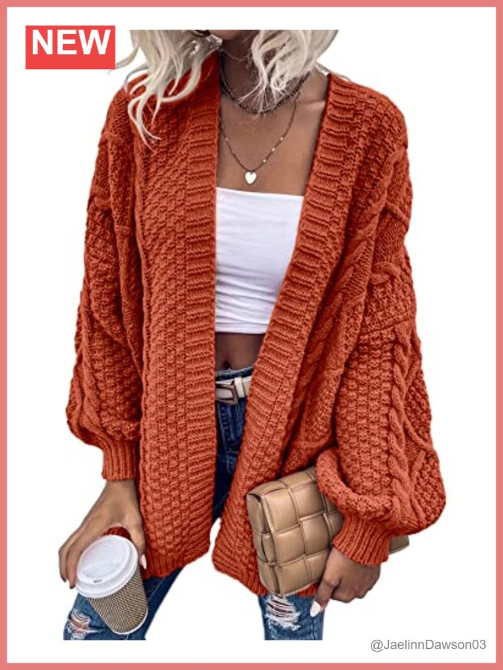 Oversized Cable Knit Lantern Sleeve Cardigan Sweater Women